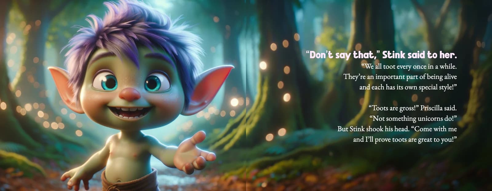 Stink the goblin grins with open arms beside the text Don't say that, Stink said to her. We all toot every once in a while.