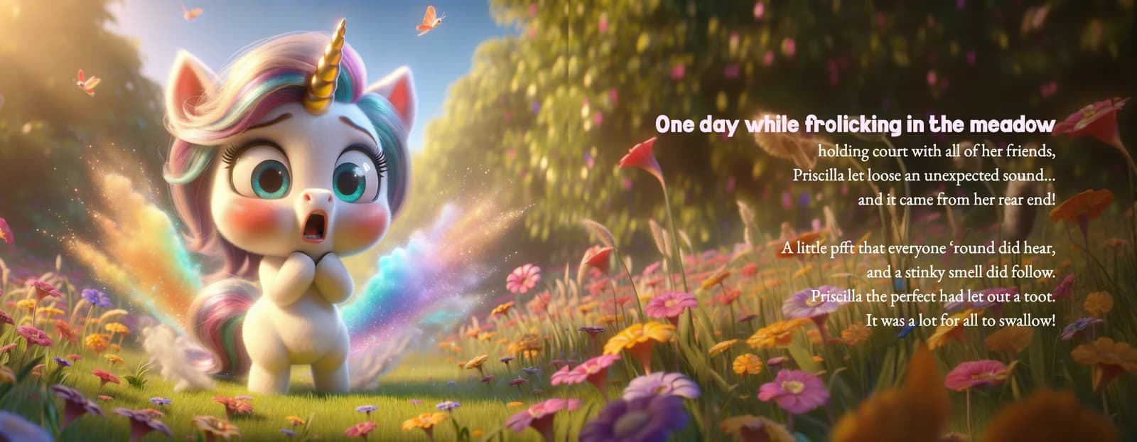 Priscilla the unicorn gasps as a rainbow puff bursts behind her, beside the text Priscilla let loose an unexpected sound, and it came from her rear end!