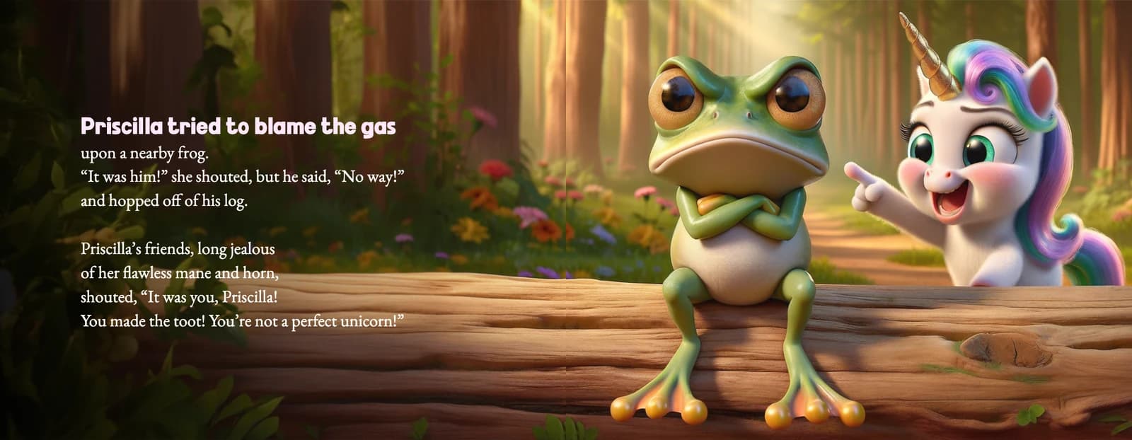Priscilla points at a grumpy frog on a log beside the text Priscilla tried to blame the gas upon a nearby frog.