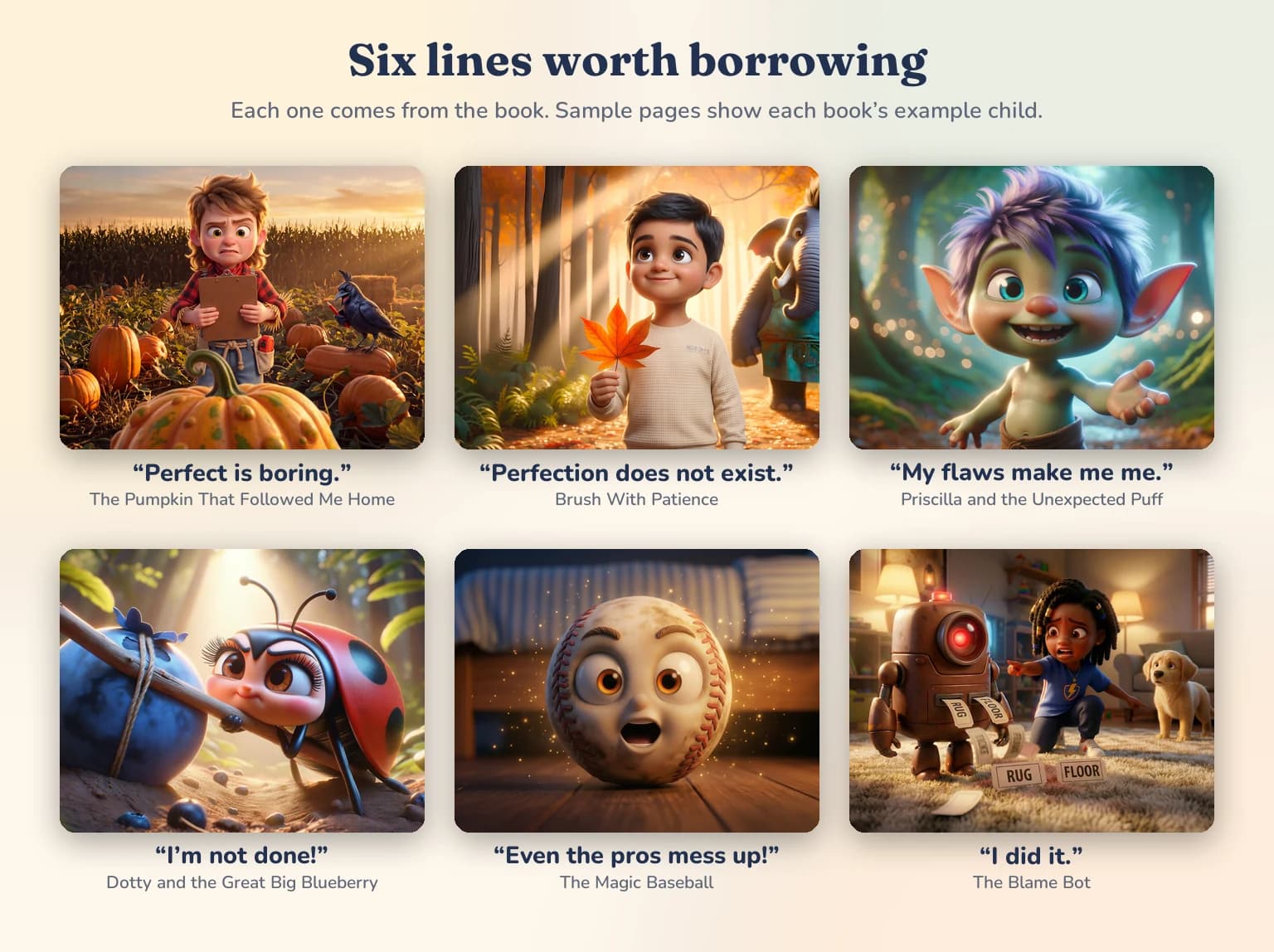Six sample pages with a line from each book: Perfect is boring, Perfection does not exist, My flaws make me me, I'm not done, Even the pros mess up, and I did it.