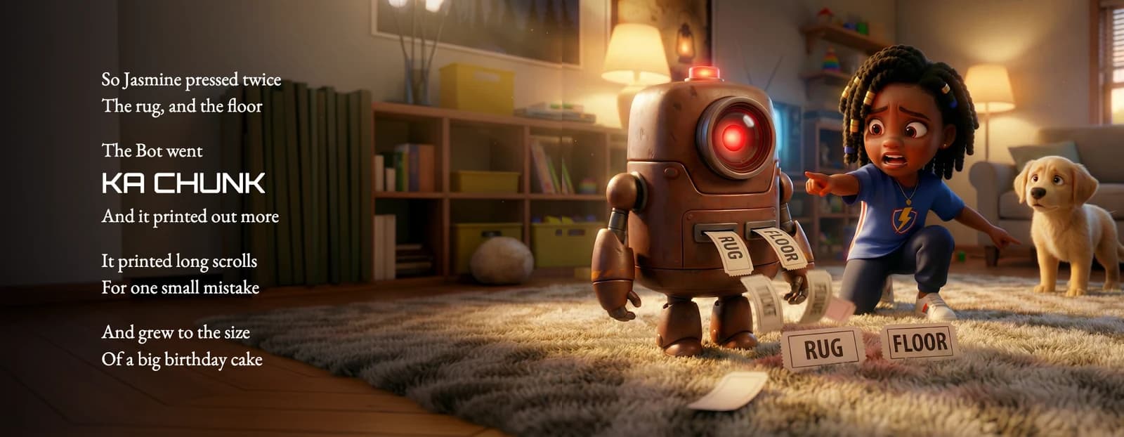 A rusty robot prints tickets reading RUG and FLOOR while the example child reaches out in alarm, beside the text It printed long scrolls for one small mistake.