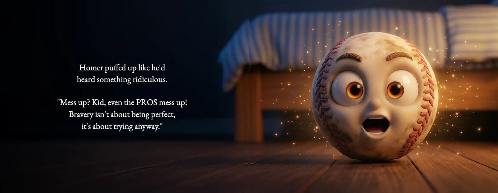 Homer the baseball looks shocked beside the text Mess up? Kid, even the PROS mess up! Bravery isn't about being perfect, it's about trying anyway.