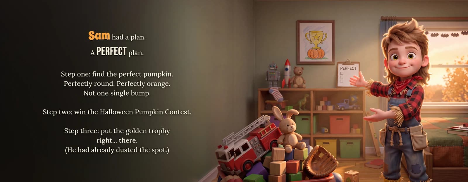 The example child shows off his tidy bedroom beside the text Sam had a plan. A PERFECT plan. Step one: find the perfect pumpkin.