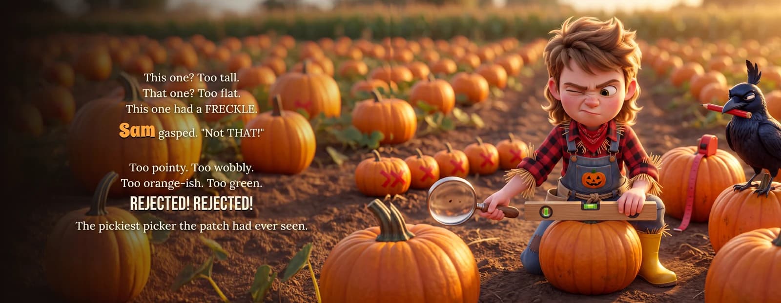The example child inspects a pumpkin with a level and a magnifying glass beside the text Too pointy. Too wobbly. REJECTED! REJECTED!