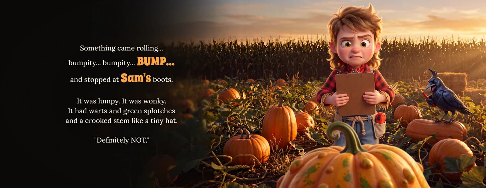 A lumpy green-splotched pumpkin sits at the example child's boots beside the text It was lumpy. It was wonky. Definitely NOT.