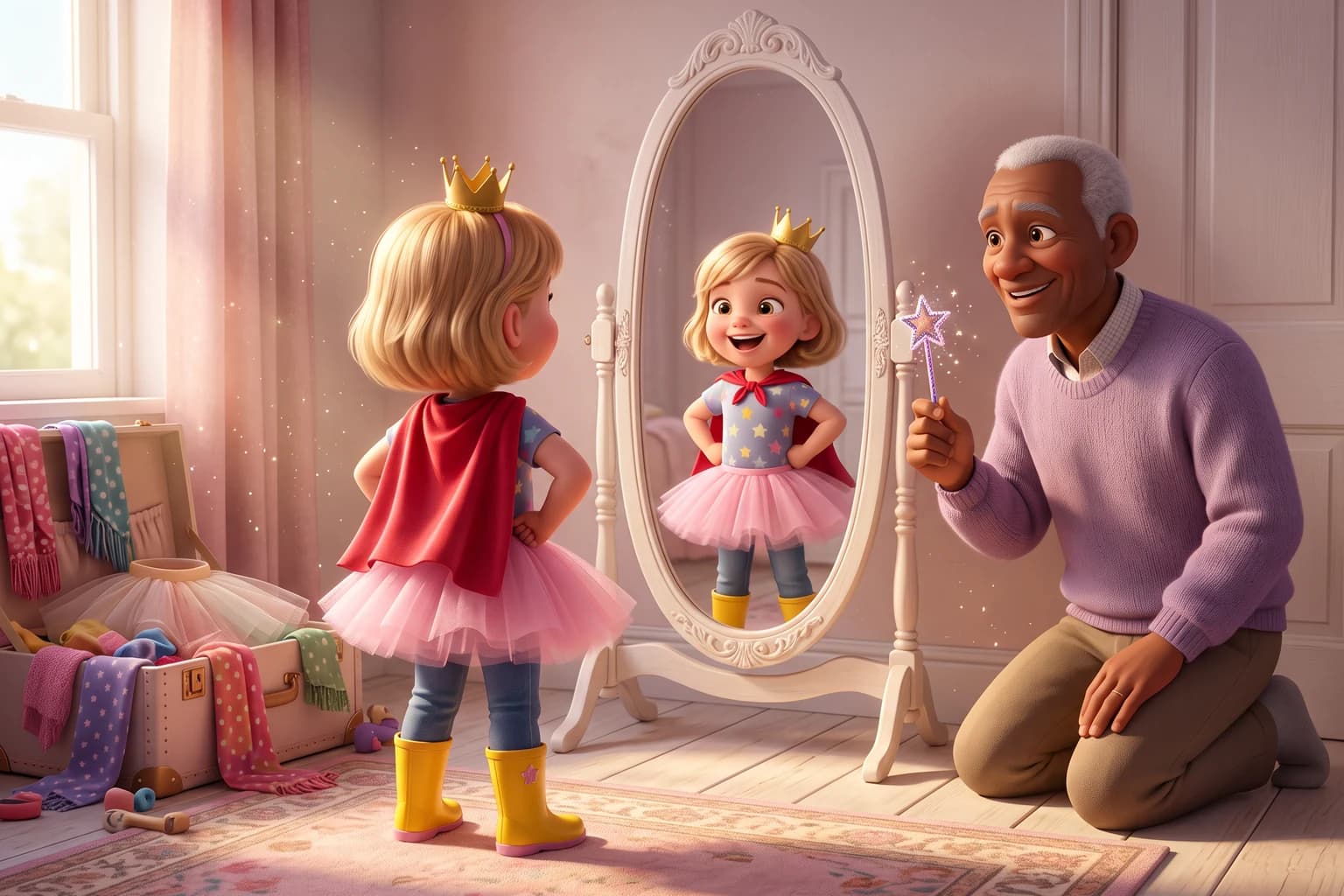 A girl in a pink tutu, red cape, yellow rain boots and a toy crown poses proudly at a mirror while her grandfather holds up a sparkly wand.