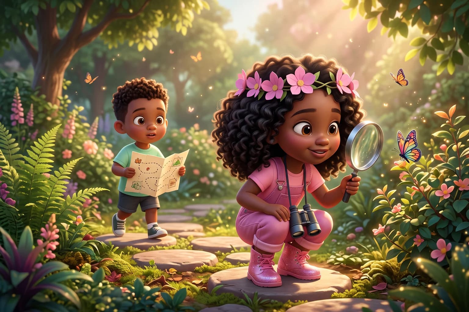 A girl in pink overalls and a crown of paper flowers studies a butterfly through a magnifying glass while her little brother follows with a paper treasure map.