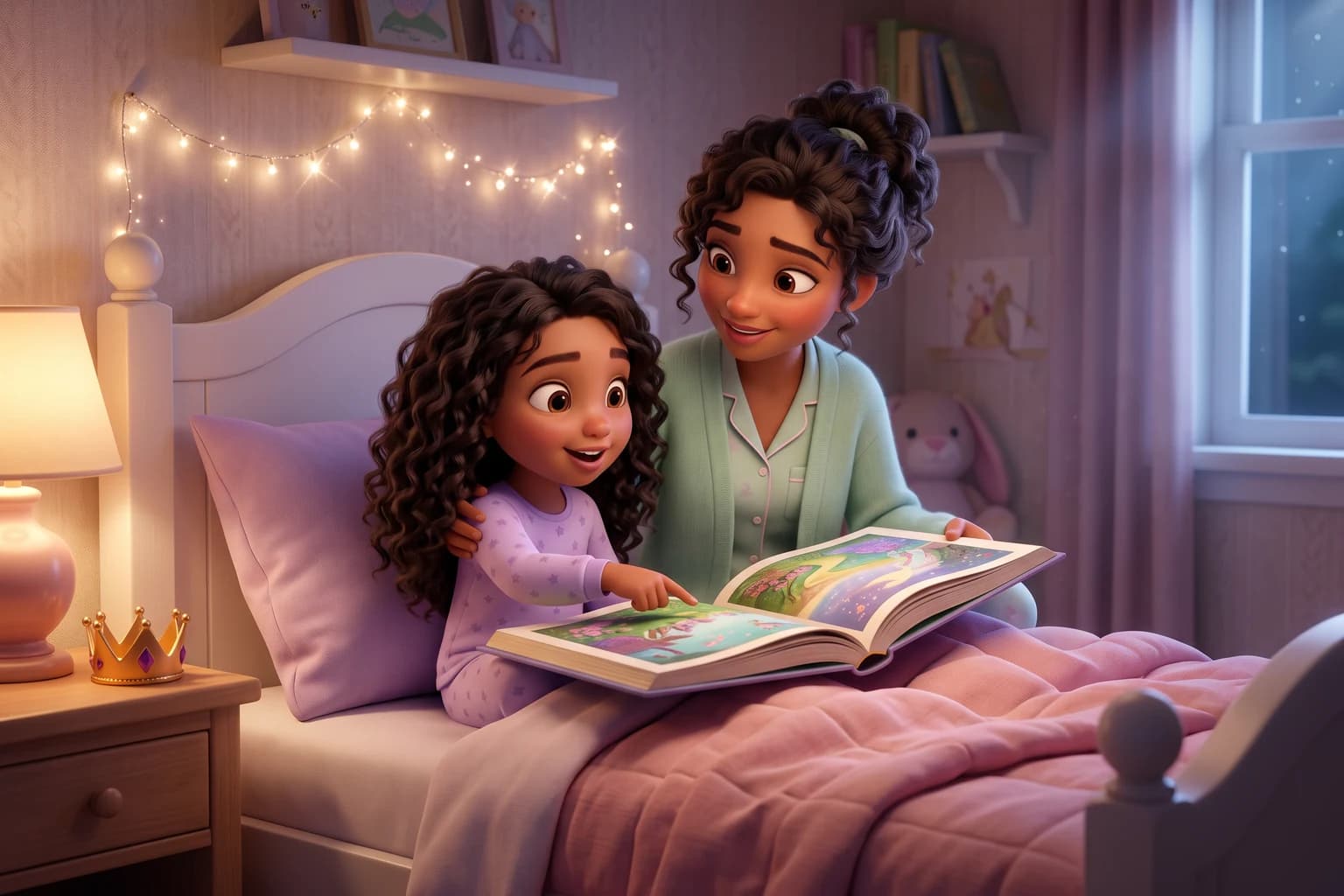 A girl in lilac pajamas points at a picture book in bed while her mother smiles beside her, with a toy crown on the nightstand.