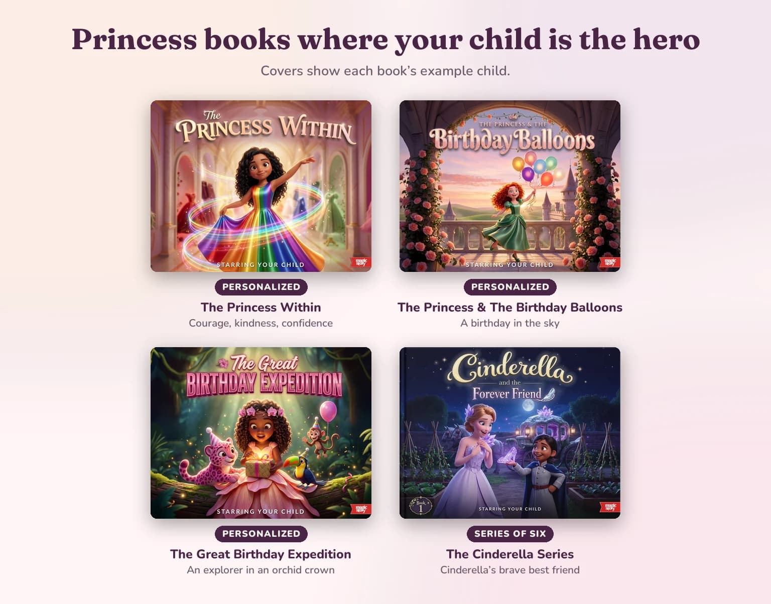 The Princess Within, The Princess & The Birthday Balloons, The Great Birthday Expedition and The Cinderella Series, each labeled with what it is about.
