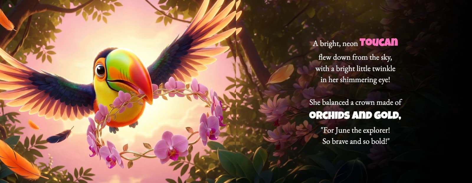 A bright toucan flies with a crown of orchids beside the text For June the explorer! So brave and so bold!