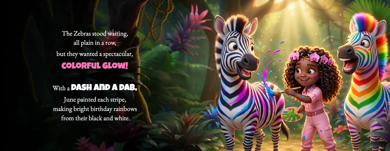 The example child paints rainbow stripes on a zebra beside the text With a dash and a dab, June painted each stripe.