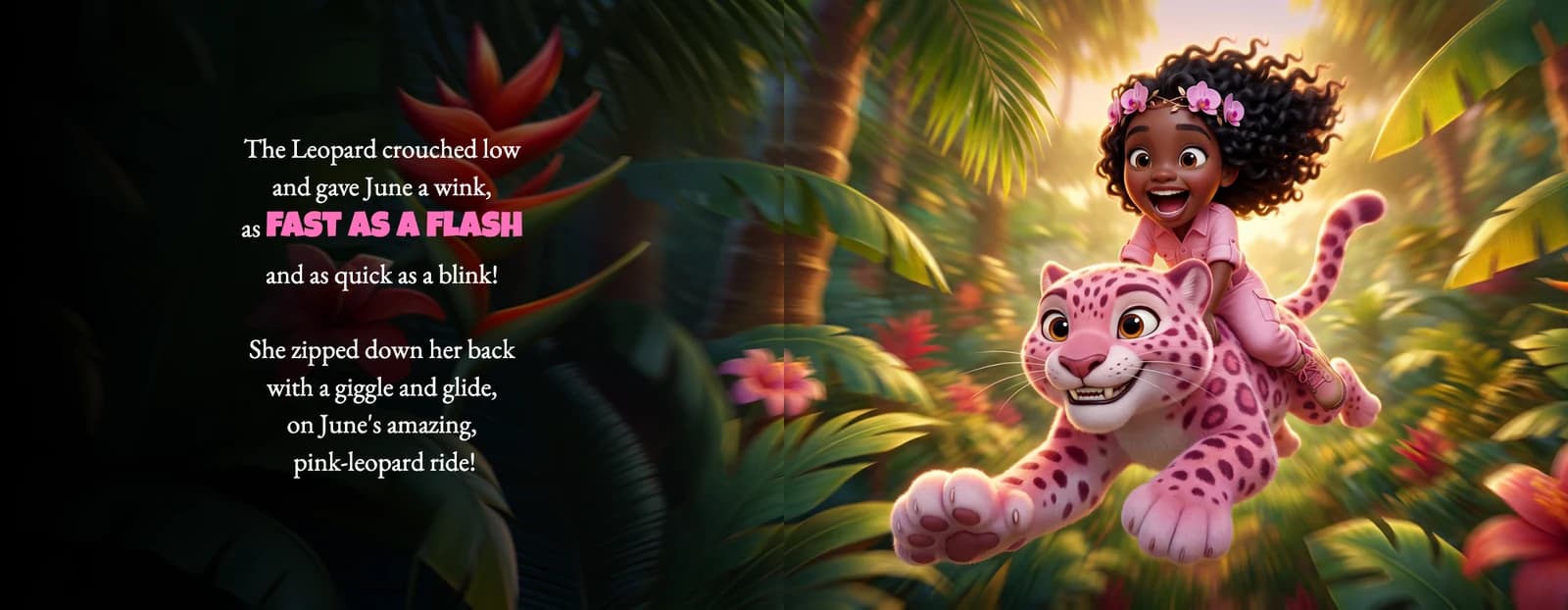 The example child rides a pink-spotted leopard through the jungle beside the text She zipped down her back with a giggle and glide, on June's amazing, pink-leopard ride!