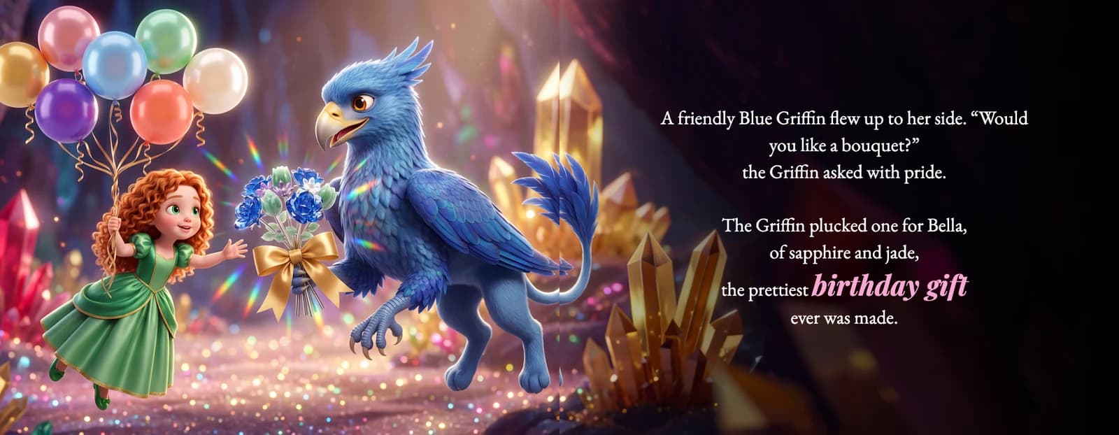 A blue griffin offers the example child a bouquet of blue flowers beside the text The Griffin plucked one for Bella, of sapphire and jade, the prettiest birthday gift ever was made.