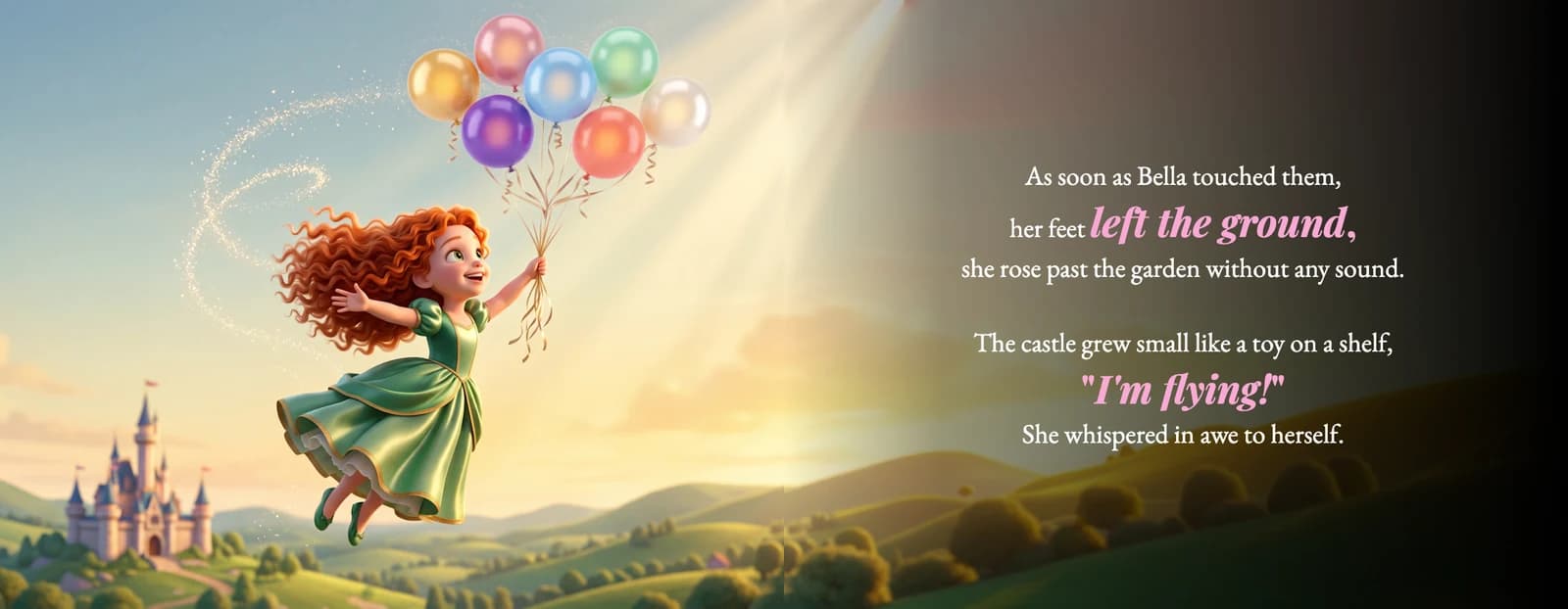 The example child floats over a castle holding a bunch of colorful balloons beside the text Her feet left the ground. I'm flying! she whispered in awe to herself.