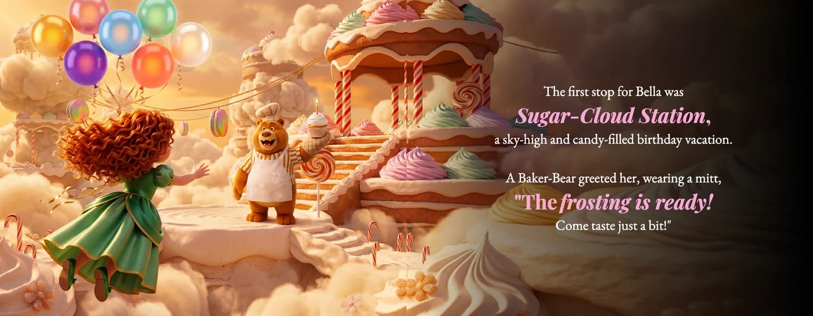 The example child arrives at a candy kingdom in the clouds where a bear baker waits, beside the text The first stop for Bella was Sugar-Cloud Station.
