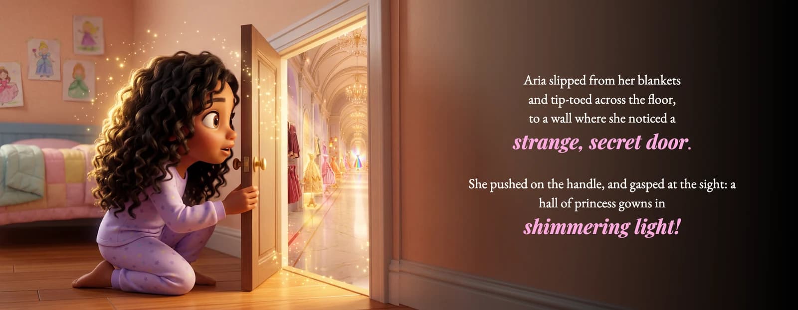 The example child kneels at a glowing secret door in her pajamas beside the text She pushed on the handle, and gasped at the sight: a hall of princess gowns in shimmering light!