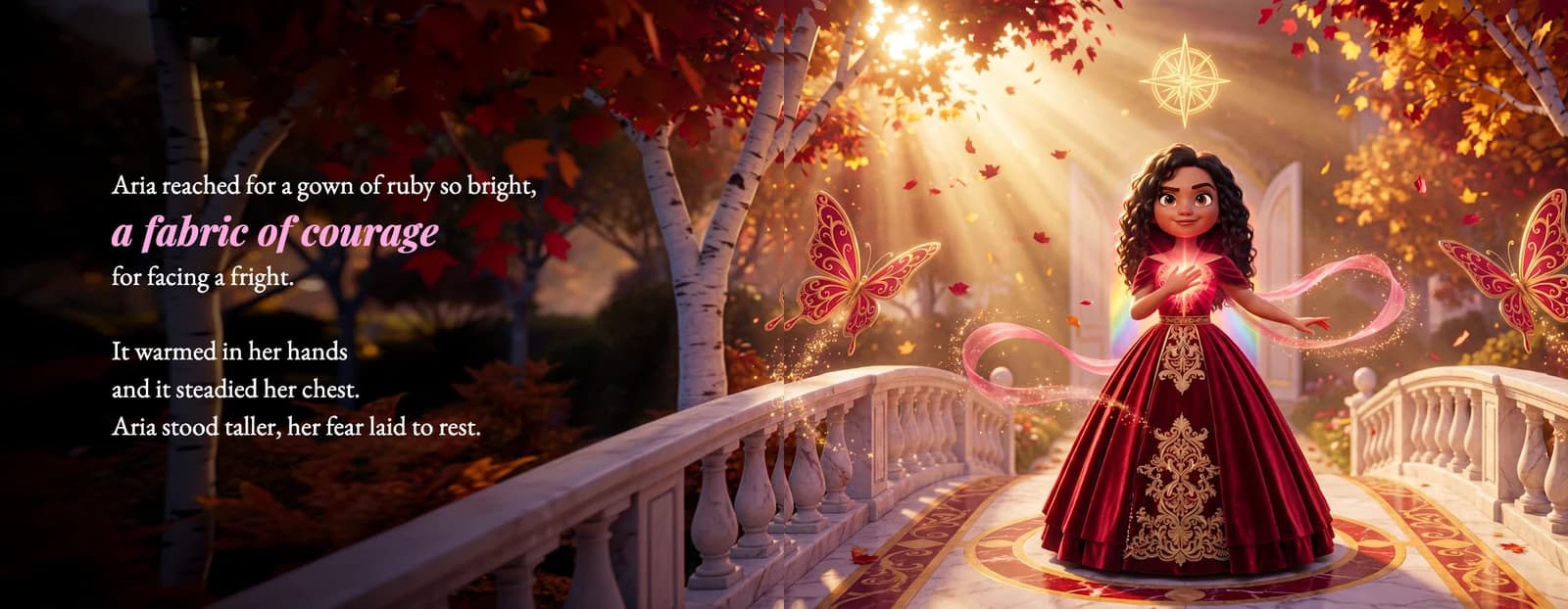 The example child stands on a bridge in a ruby gown with a glow at her chest, beside the text Aria reached for a gown of ruby so bright, a fabric of courage for facing a fright.