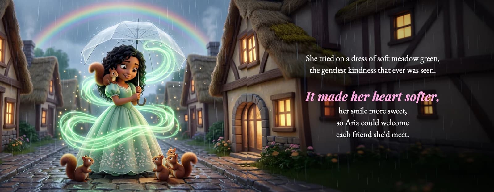 The example child walks through a rainy village in a mint gown with squirrels at her feet, beside the text It made her heart softer, her smile more sweet.