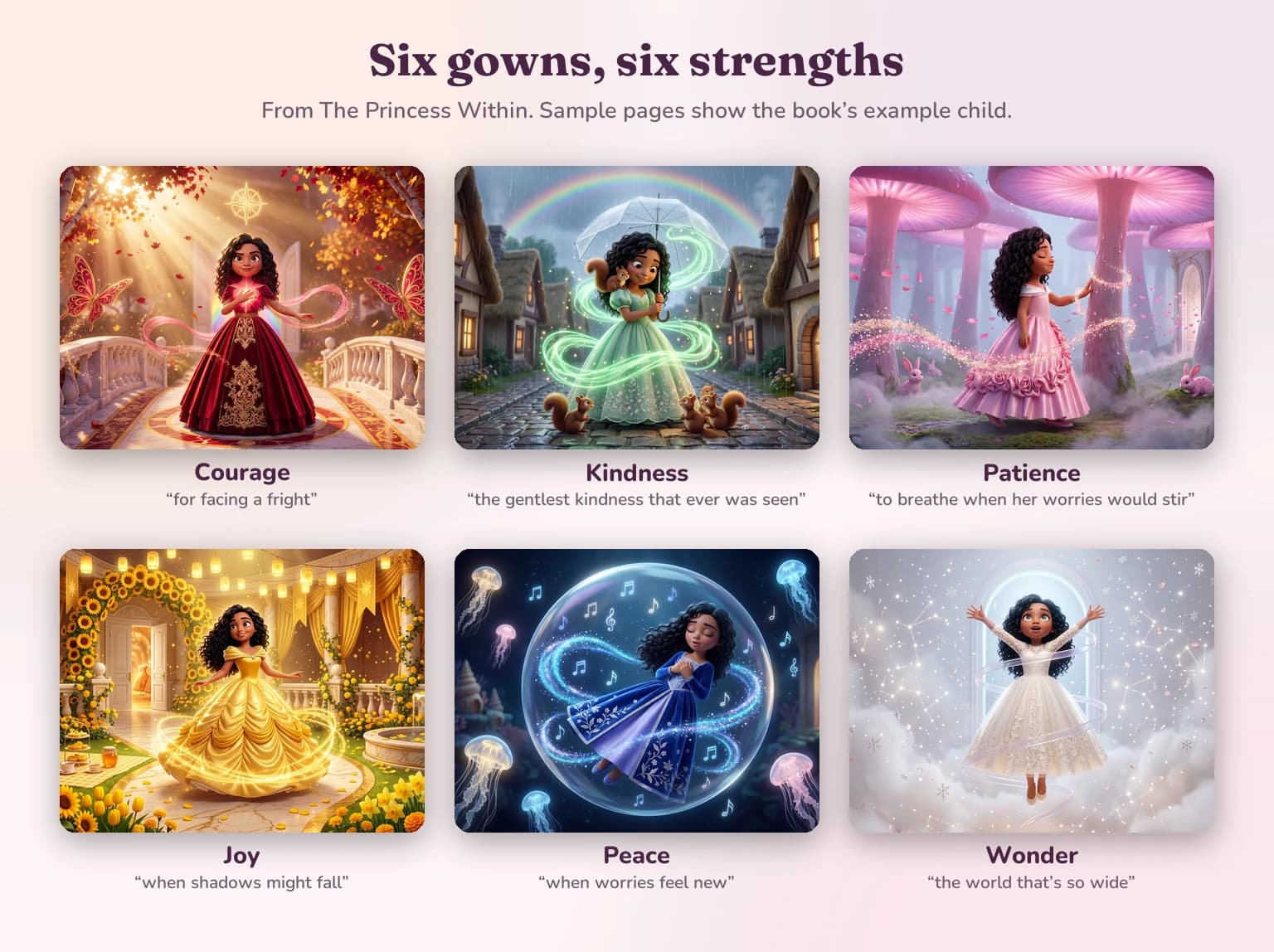 Six gowns from The Princess Within with the strength each one stands for: courage, kindness, patience, joy, peace and wonder.