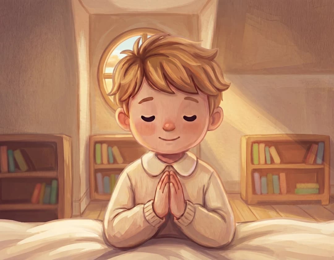 A child kneels on a bed with eyes closed and hands folded in prayer, in warm light, in A Few Minutes With Jesus.