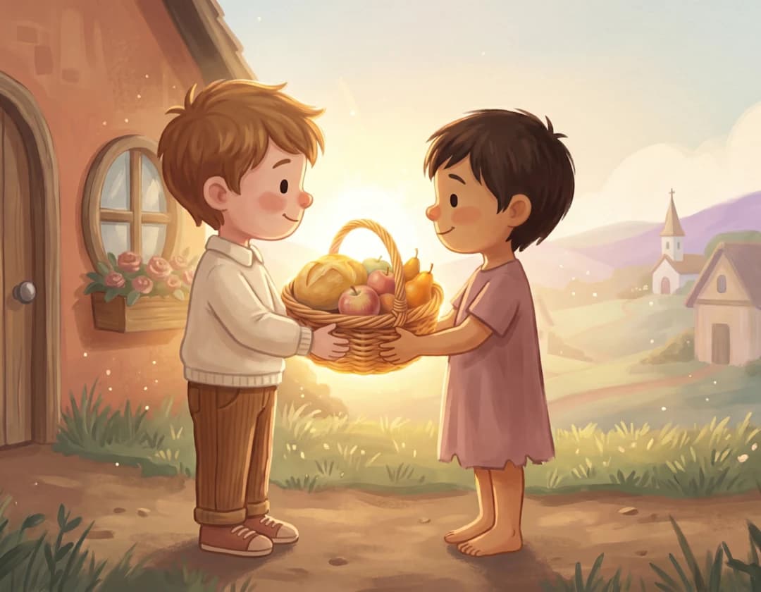The child hands a basket of bread and fruit to another child outside a village cottage in A Few Minutes With Jesus.