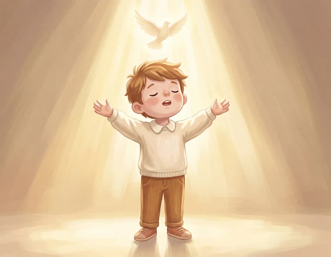 The child stands with arms open in a beam of golden light with a dove above in A Few Minutes With Jesus.