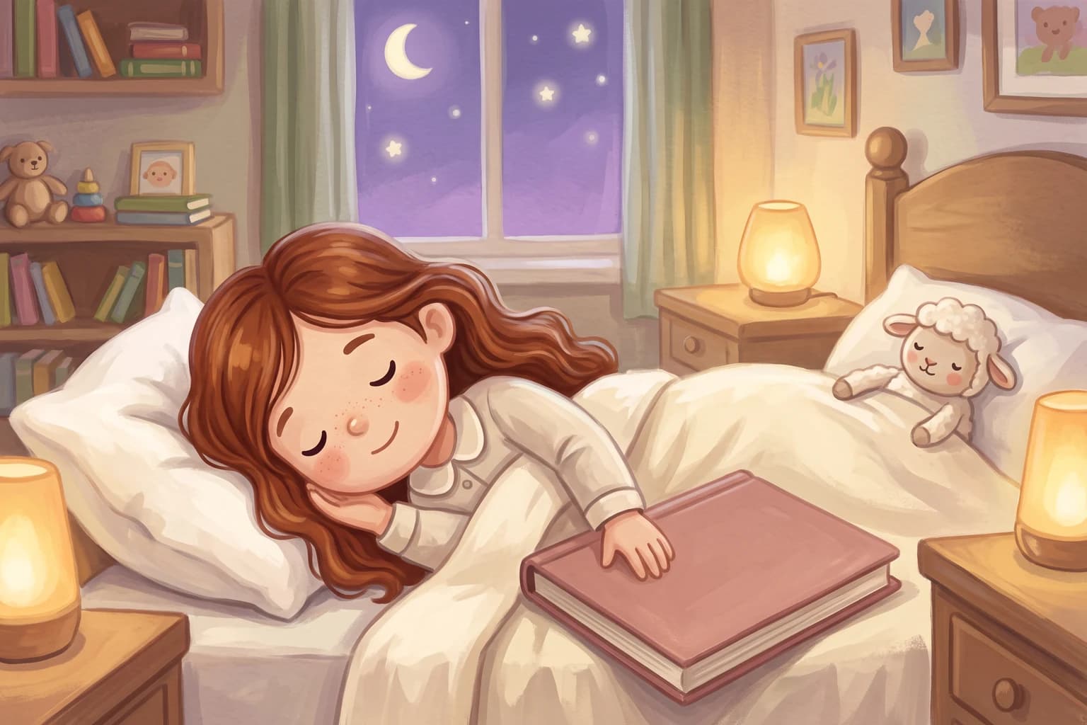 A little girl sleeps with a smile, one arm resting on a closed book on her quilt, a crescent moon in the window behind her.