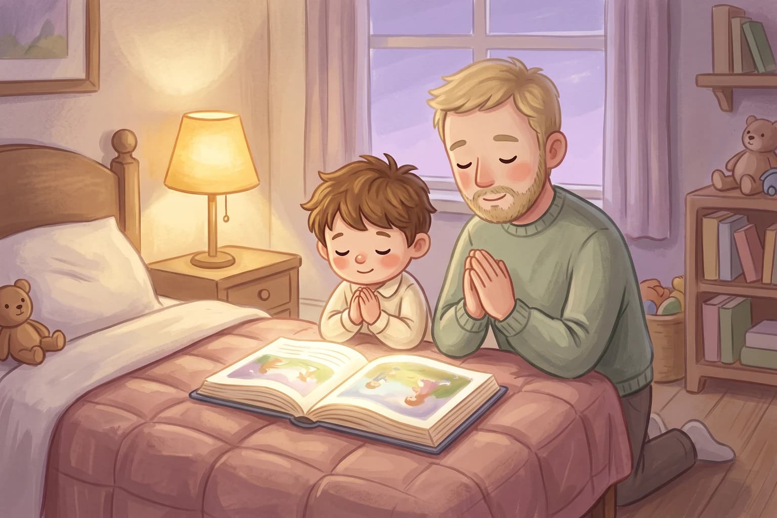 A father and his young son kneel beside the bed with folded hands and closed eyes, an open picture book glowing on the quilt in front of them.