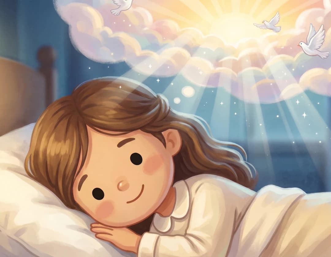 A girl lies in bed smiling as soft rays of light and doves come through the clouds in God Called Me By My Name.