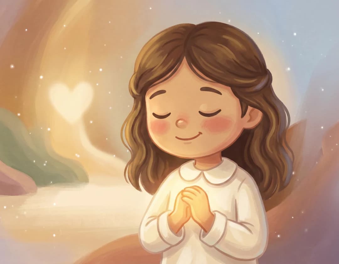 A girl with closed eyes holds her glowing hands together over her heart, with a soft heart of light behind her, in God Called Me By My Name.
