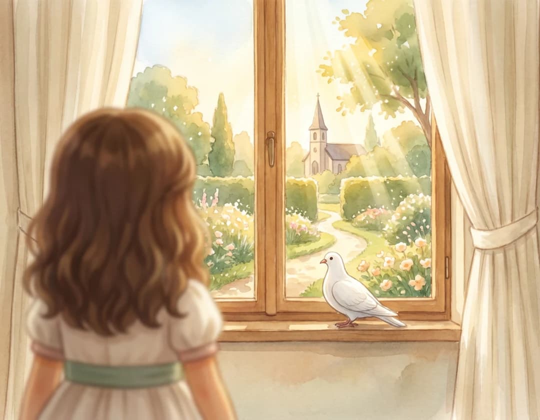A girl seen from behind looks out of an open window at a sunny garden path, a church in the distance and a white dove on the sill, in God Called Me By My Name.
