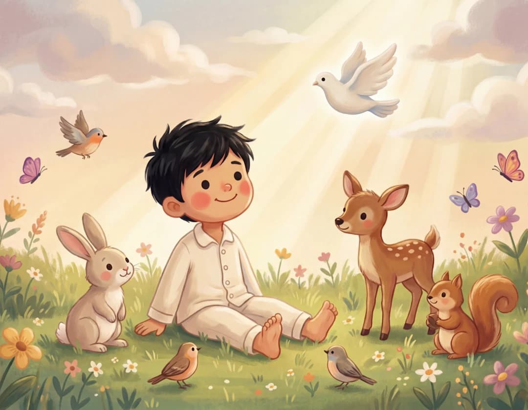 A smiling child sits in a sunny meadow with a rabbit, a fawn, a squirrel and birds in God Dreamed You Up, Then Created You.
