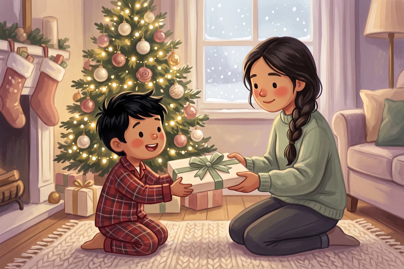 A godmother kneels by a Christmas tree and hands a wrapped gift with a green ribbon to a delighted boy in plaid pajamas.