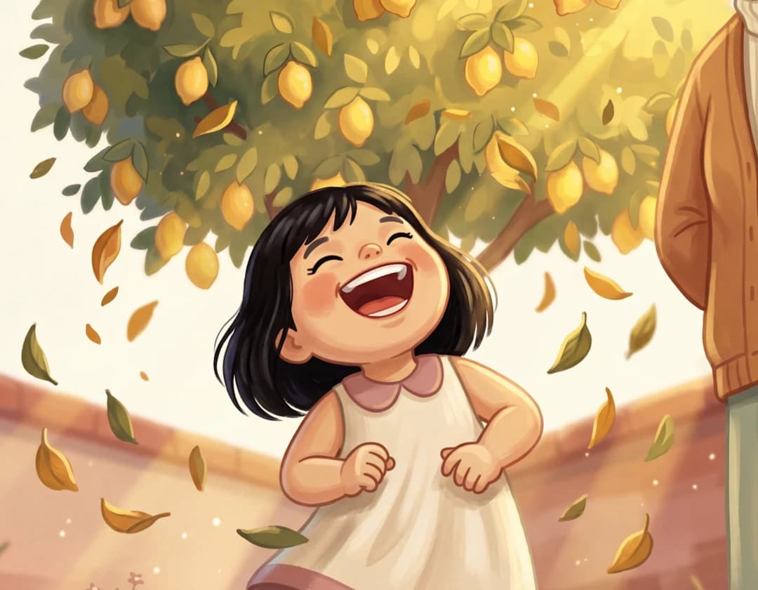 The girl laughs out loud under the lemon tree as leaves fall around her in The Tickles of God.