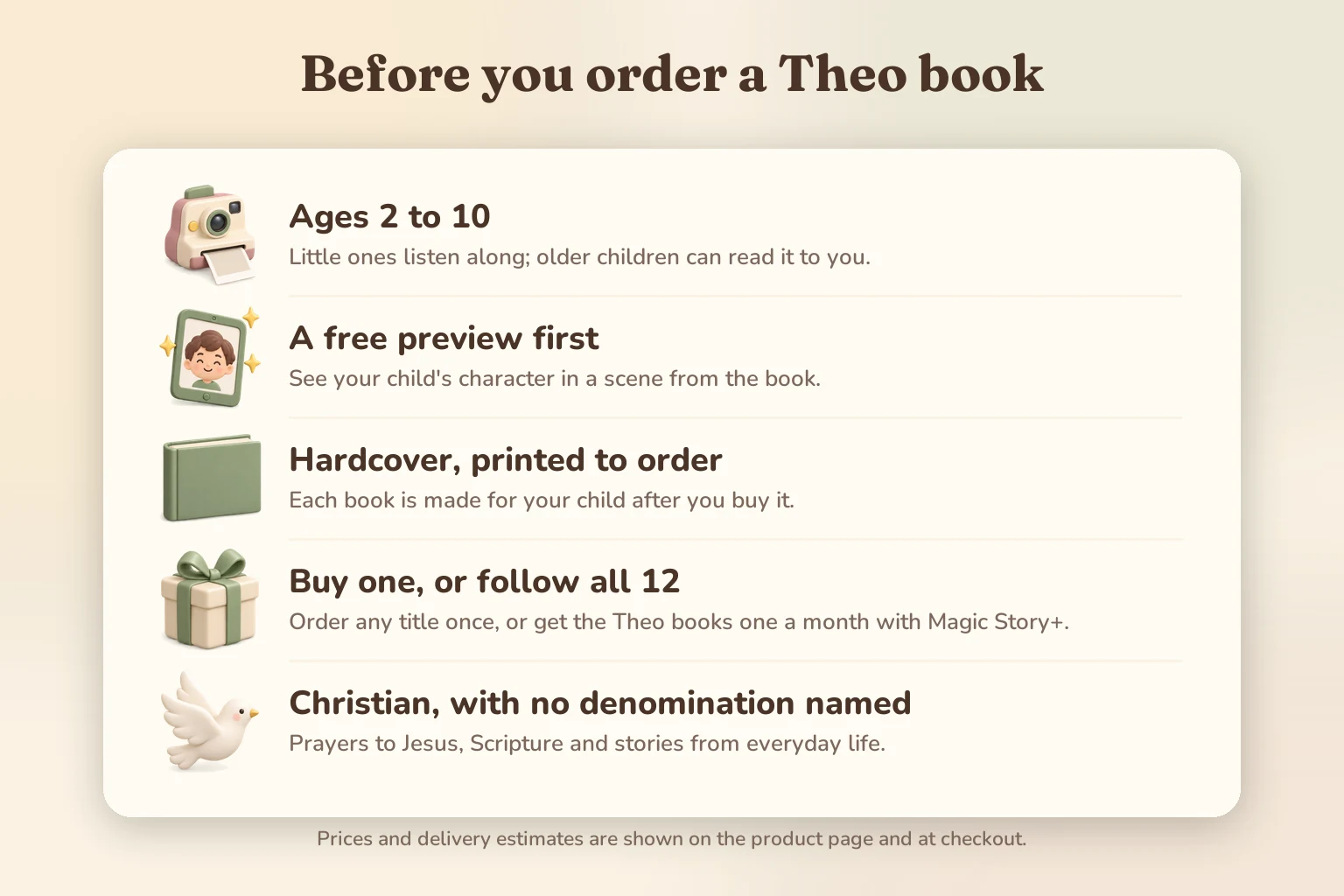 Before you order a Theo book: ages 2 to 10, a free preview first, hardcover printed to order, buy one or follow all 12, and Christian with no denomination named.