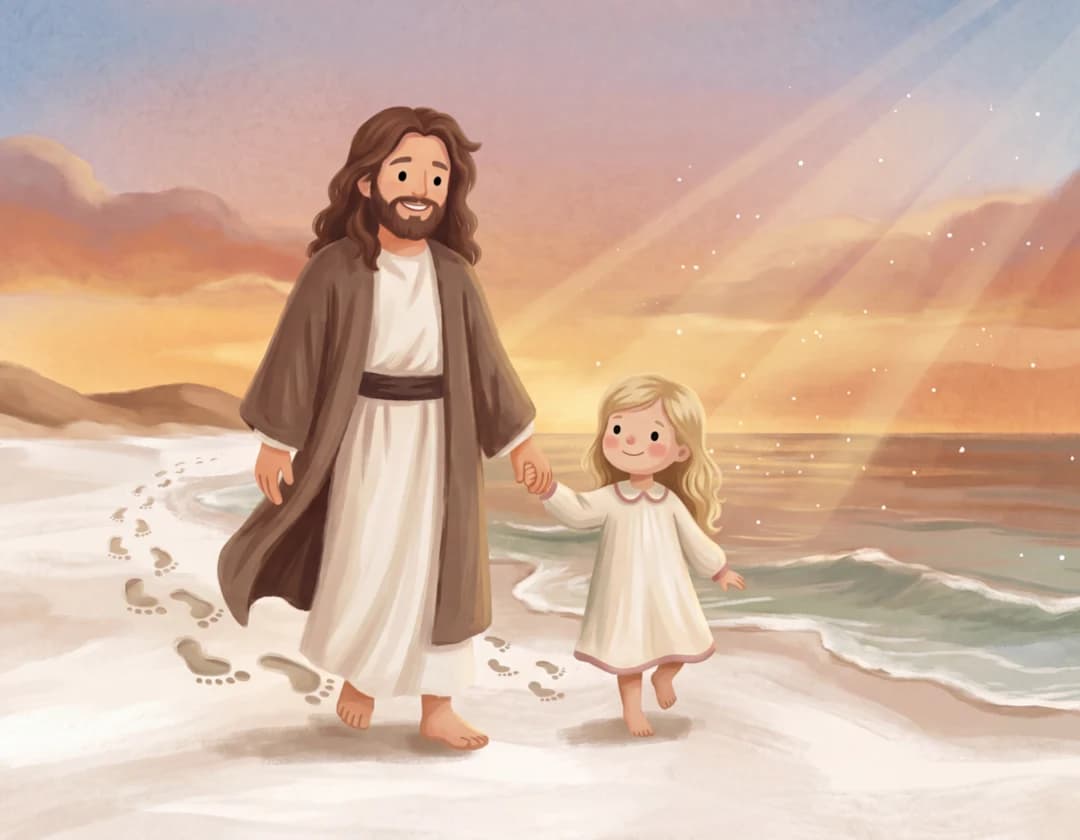 Jesus walks along a sunset beach beside a small girl, both leaving footprints in the sand, in When You Only See Footprints.