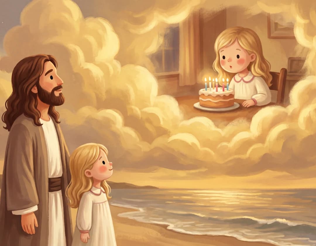 Jesus and the girl watch a birthday scene with a cake and candles appear in the golden clouds in When You Only See Footprints.