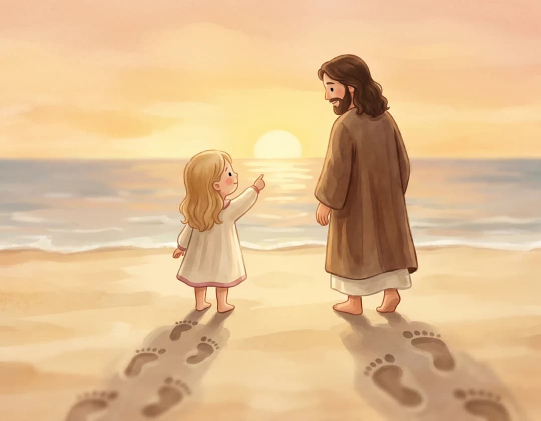 The girl and Jesus stand at the water's edge at sunset, with two sets of footprints behind them, in When You Only See Footprints.