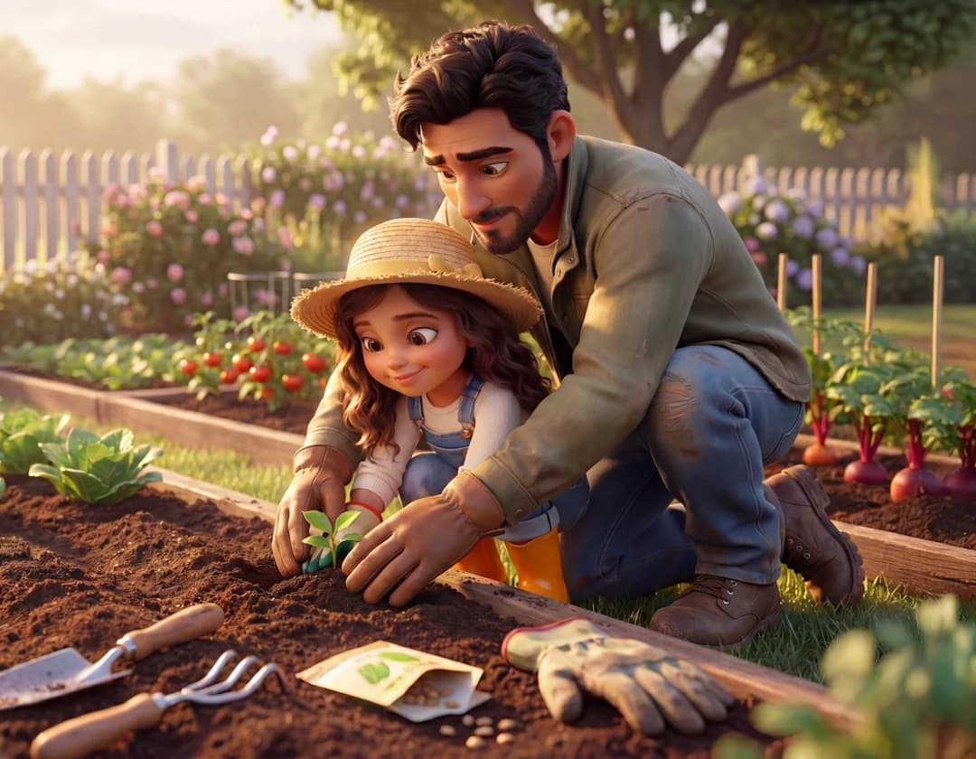 A father kneels in a vegetable garden helping his daughter plant seedlings in I Love You Dad.