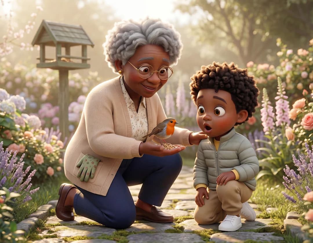 A grandmother kneels in a flower garden and shows her grandson a small bird in I Love You Grandma.