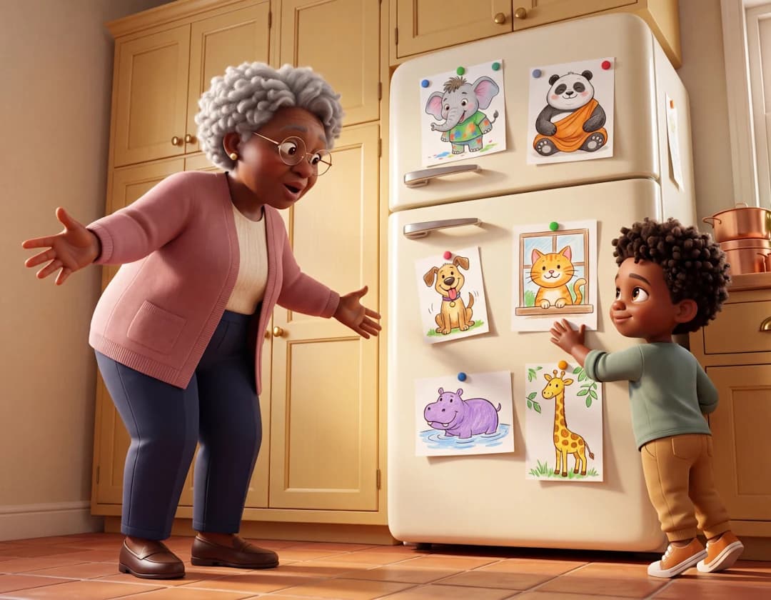 A grandmother opens her arms to her grandson beside a refrigerator covered in his drawings in I Love You Grandma.