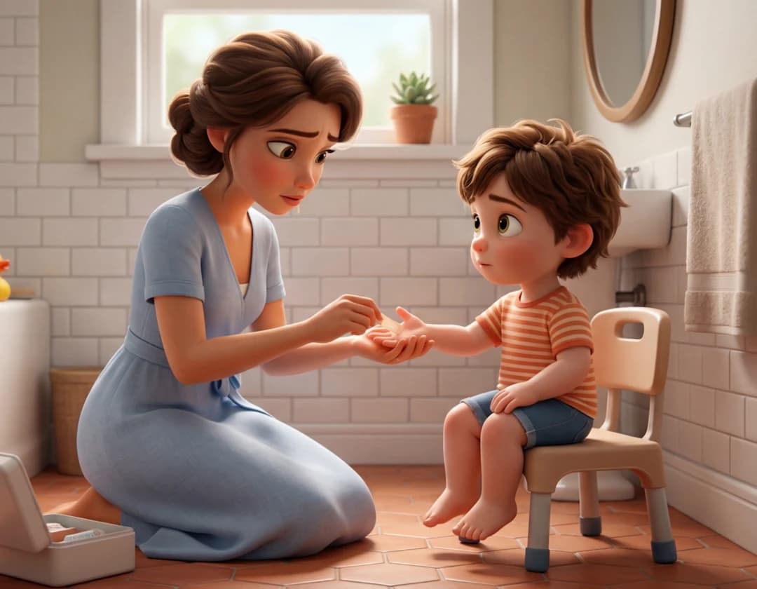 A mother kneels to bandage her son's hand in a bright bathroom in I Love You Mom.