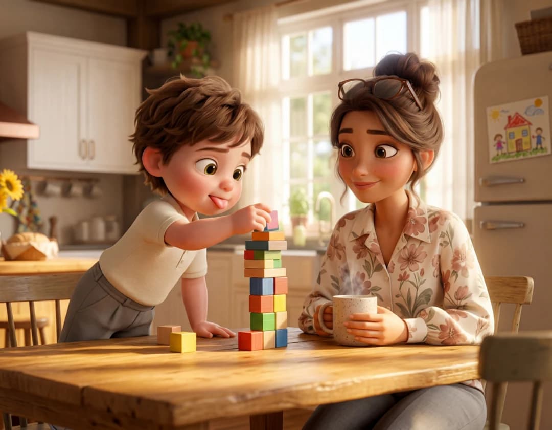 A boy stacks wooden blocks at the kitchen table while his mother watches with a mug in her hand in I Love You Mom.