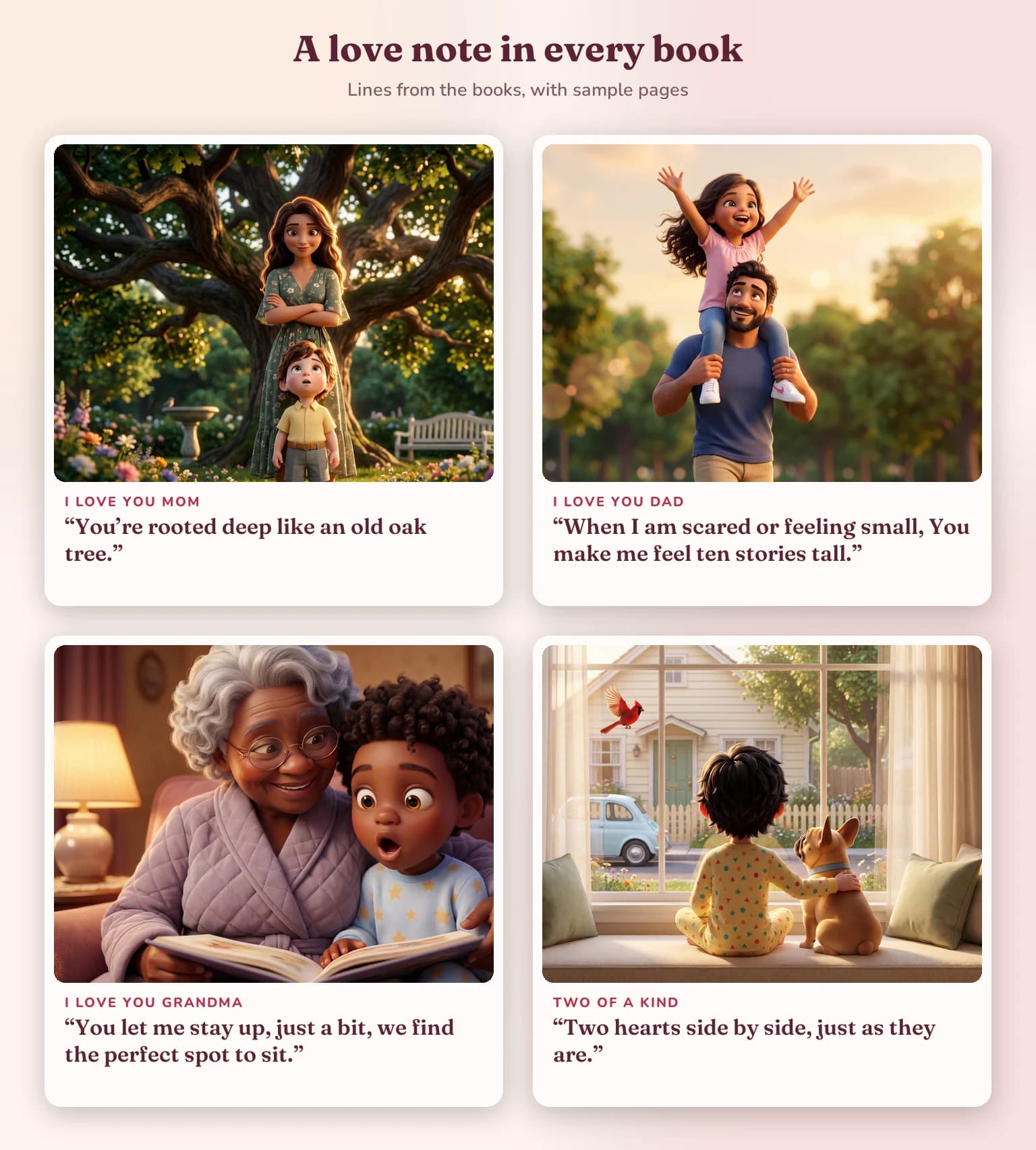 A love note in every book: lines from I Love You Mom, I Love You Dad, I Love You Grandma and Two of a Kind, each with a sample page.
