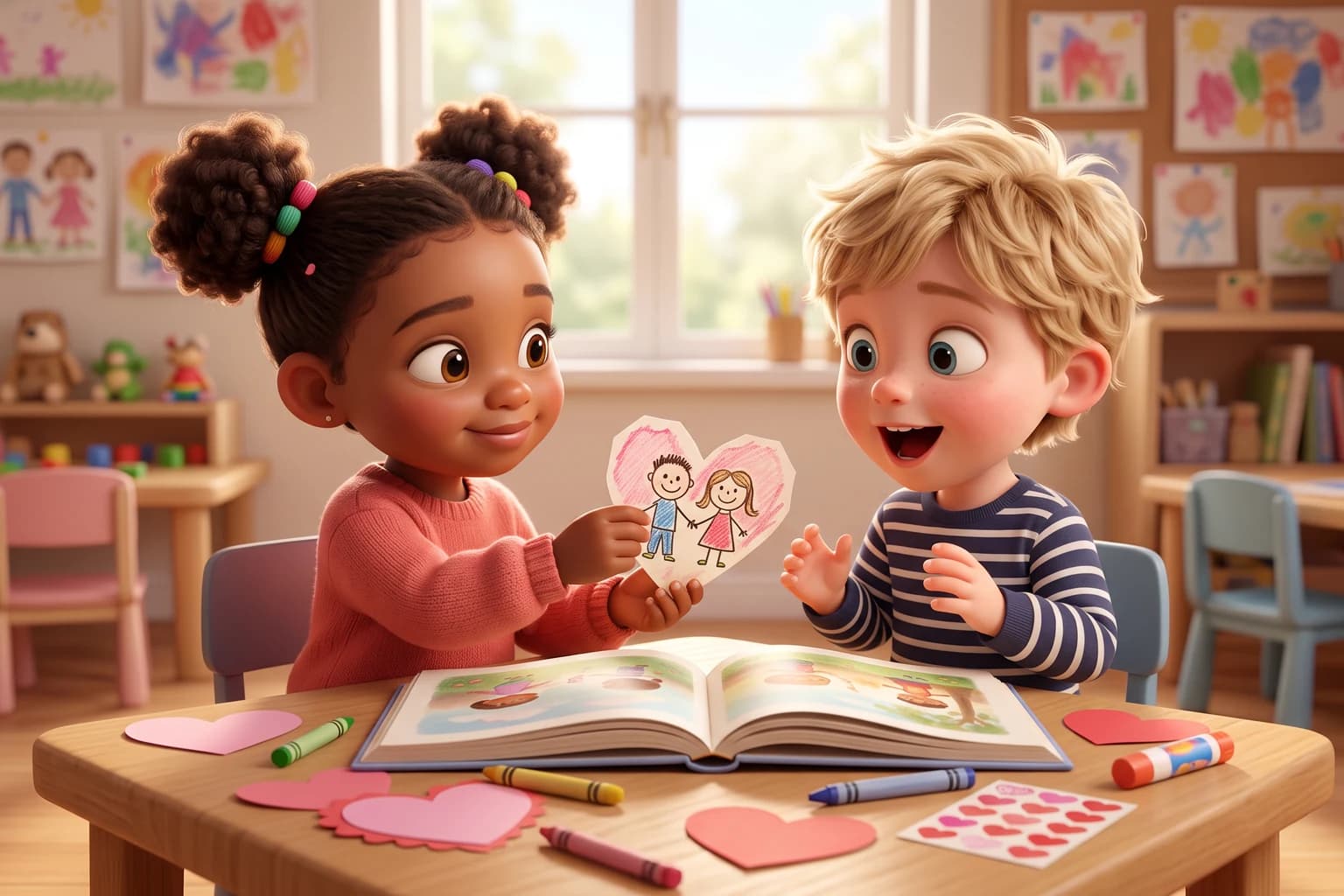 Two preschoolers at a classroom table: a girl hands a boy a handmade paper heart card, and he gasps with delight, with an open picture book between them.