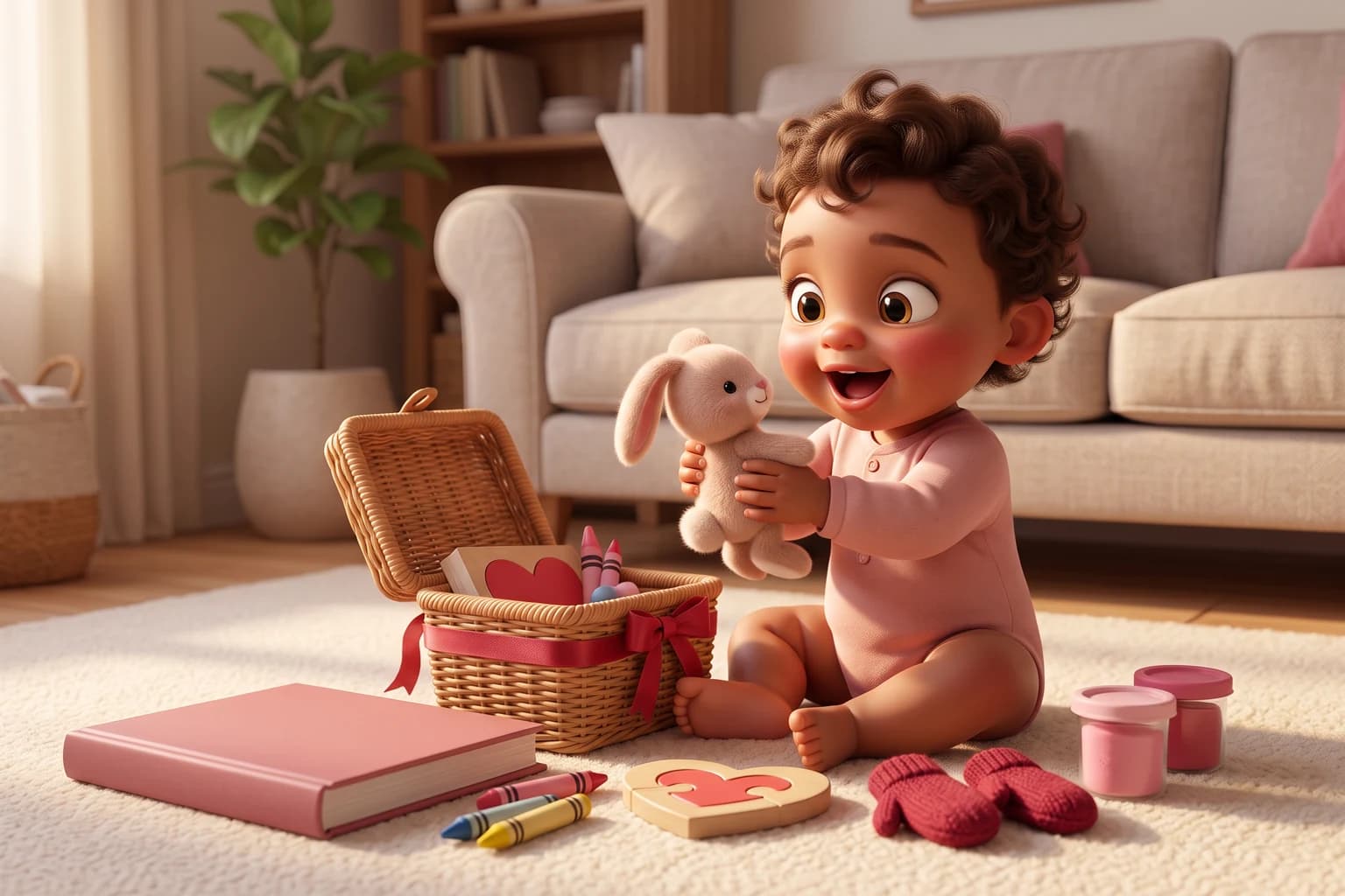 A toddler sits on a rug beside a small wicker basket tied with a red ribbon, holding up a plush bunny, with a pink book, crayons, a wooden heart puzzle piece and red mittens nearby.