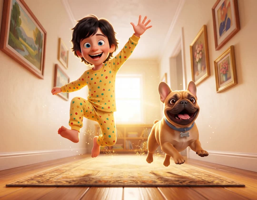 A boy in yellow pajamas leaps into the air beside a jumping French bulldog in a sunny hallway in Two of a Kind.