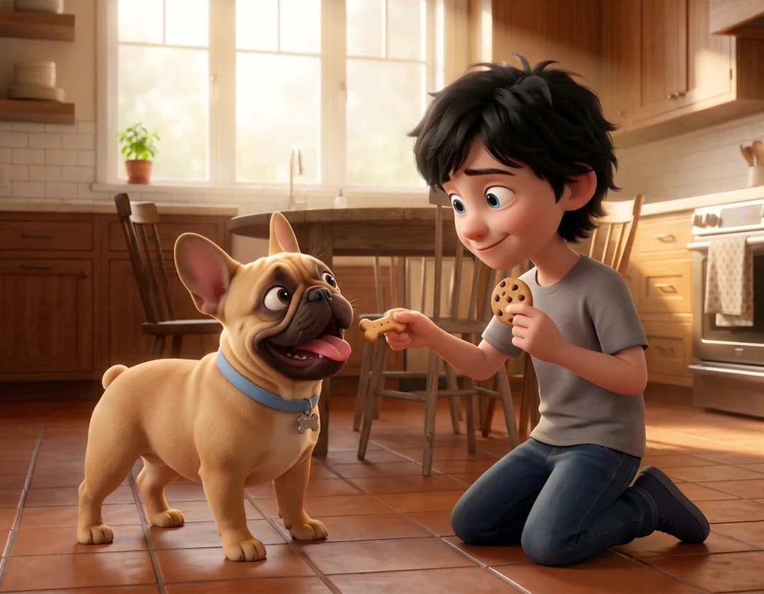 A boy kneels on the kitchen floor sharing a cookie with a French bulldog in Two of a Kind.
