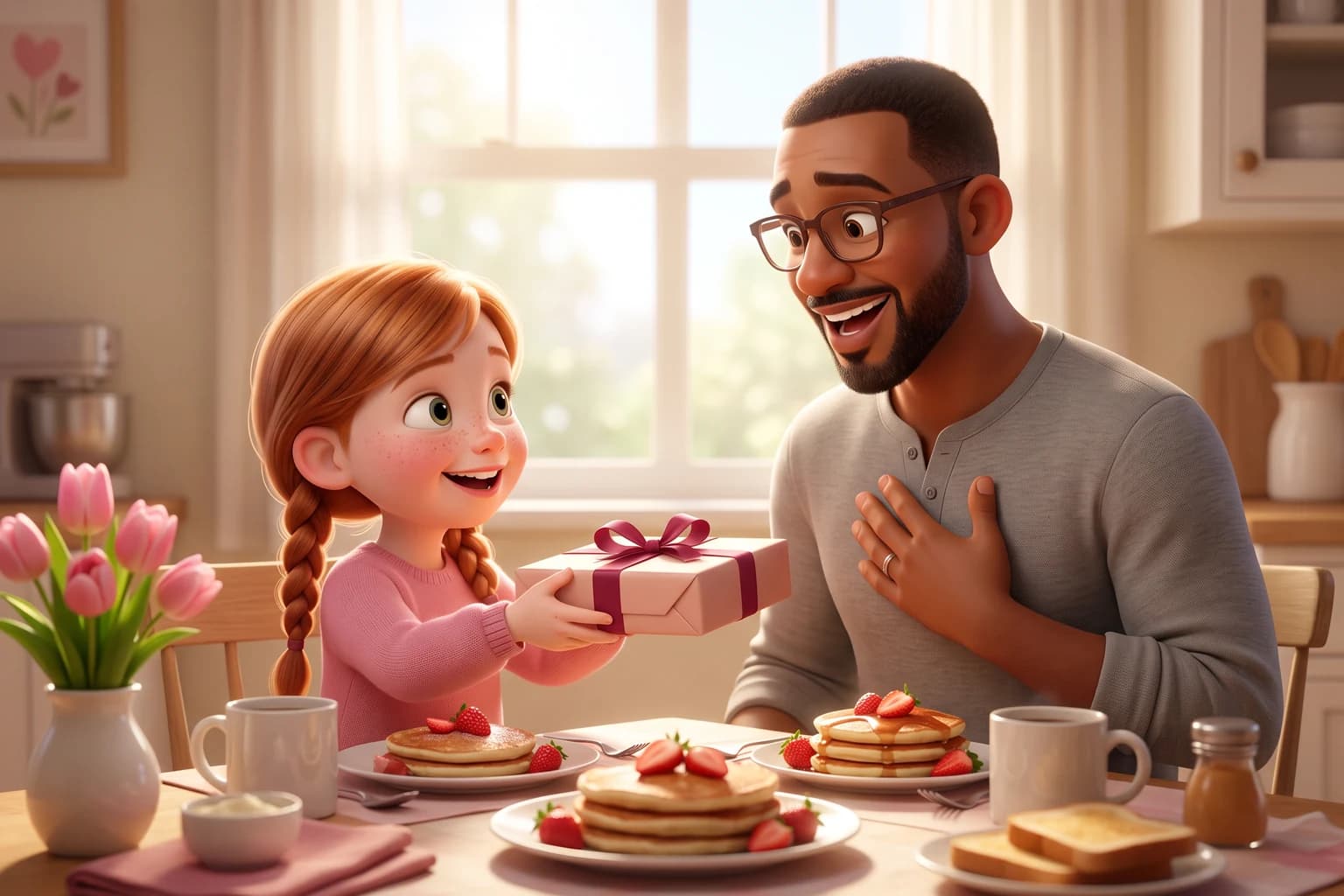 A girl with red braids hands her father a wrapped gift with a red ribbon at a breakfast table with pancakes and tulips, and he laughs with a hand on his chest.