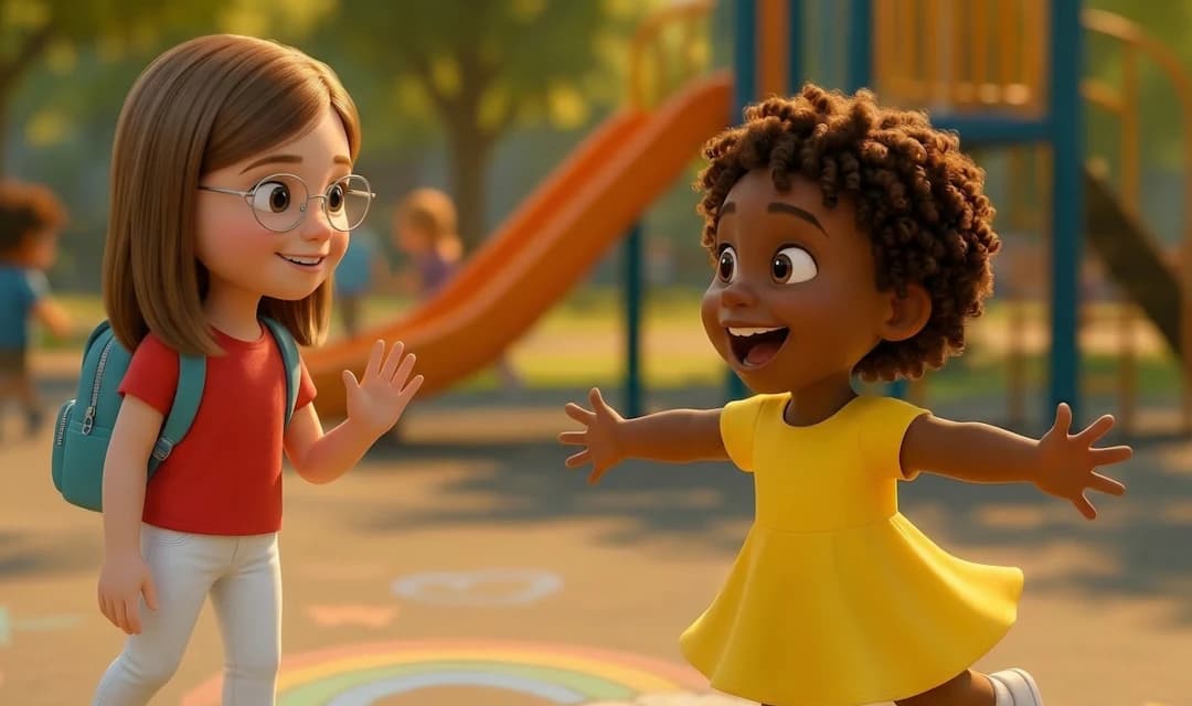 A girl with a backpack walks up to another girl in a yellow dress who smiles and opens her arms on the playground in The Friendship Spark.
